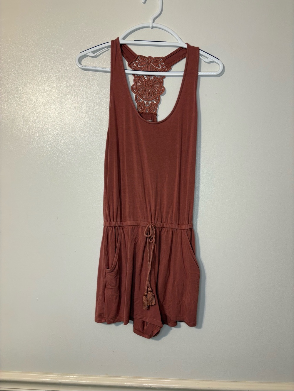 aerie Rust Crochet-Back Romper